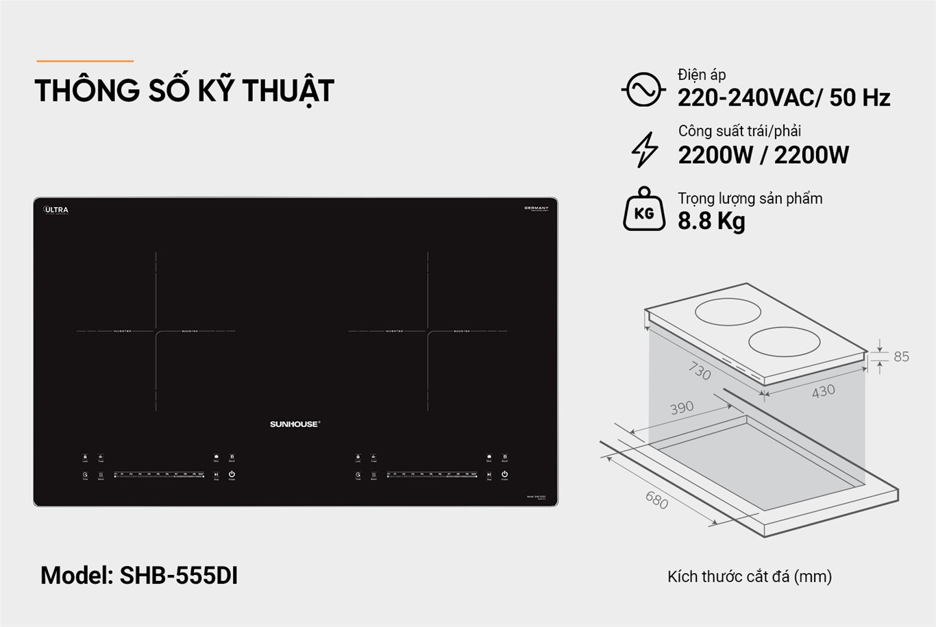 Bếp đôi điện từ Sunhouse SHB-555DI đun liu riu - Hàng chính hãng