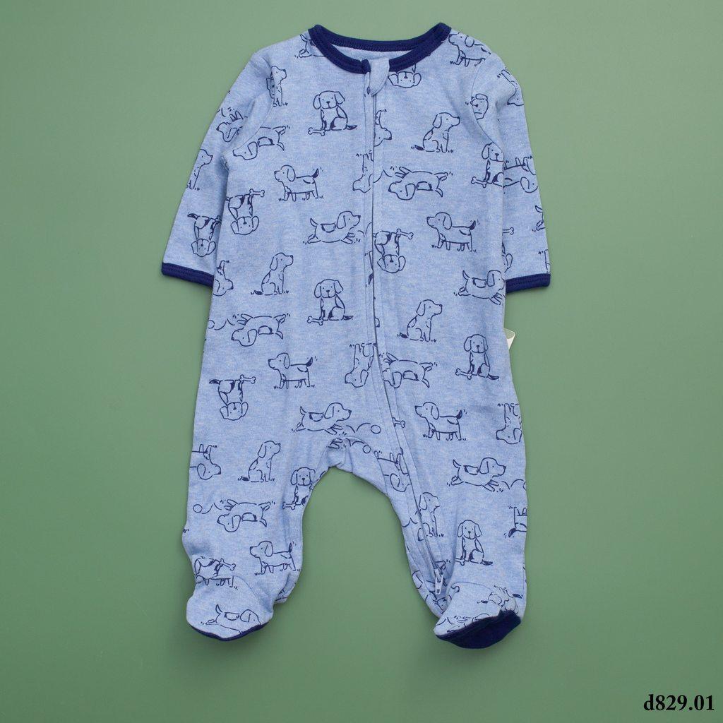 Body liền bàn cotton màu xanh viền cổ xanh than họa tiết chó cún cho bé