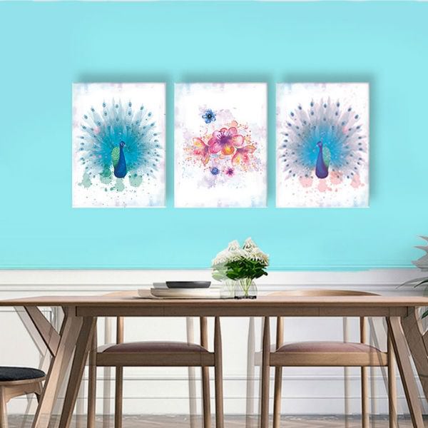 Bộ 3 Tranh Canvas Viền Composite Chim Công: "Khổng Tước" W063