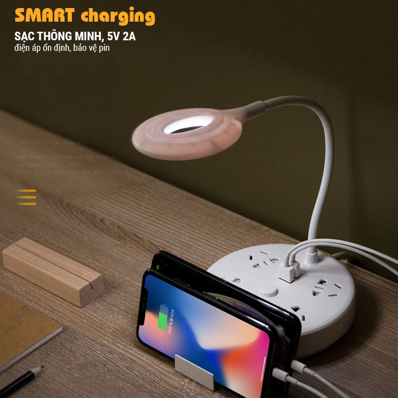 Ổ Cắm Điện Tròn NAVIVU Kết Hợp Đèn Bàn, Cổng Sạc USB, Dây Chịu Tải 2500W, Chống Cháy