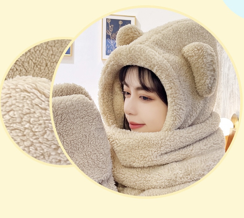 Mũ khăn quàng cổ mũ lông gấu có găng tay thời trang siêu dễ thương giữ ấm dành cho nữ