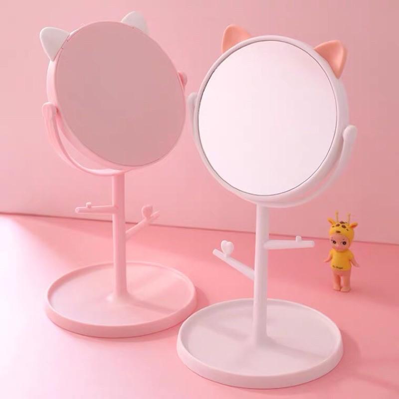 Gương để bàn tai mèo dễ thương kèm theo khay phụ kiện xoay 360 độ