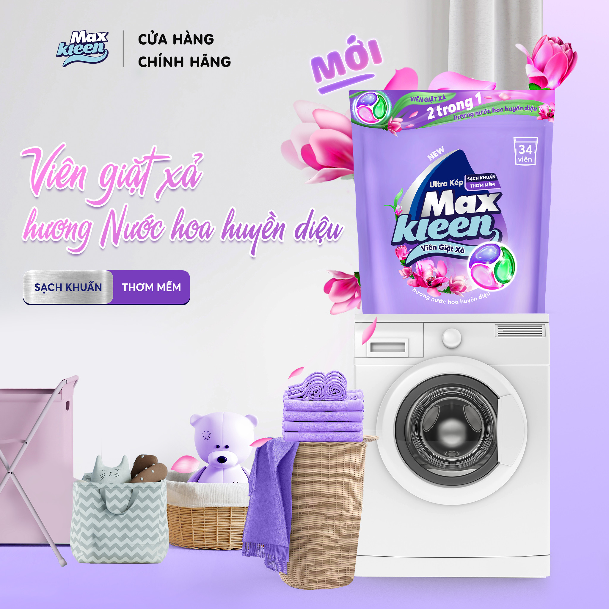 Túi Viên Giặt Xả MaxKleen 2 Trong 1 Hương Nước Hoa Huyền Diệu (34 viên/ túi)