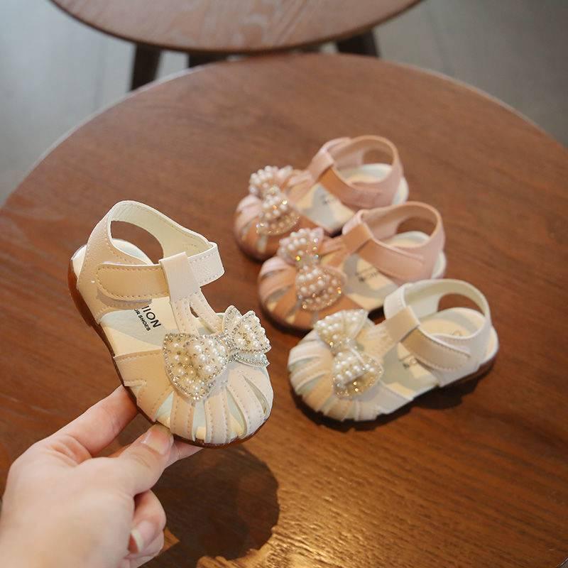 Giày búp bê đính nơ ngọc Sandal dép tập đi chống vấp êm mềm cho bé gái