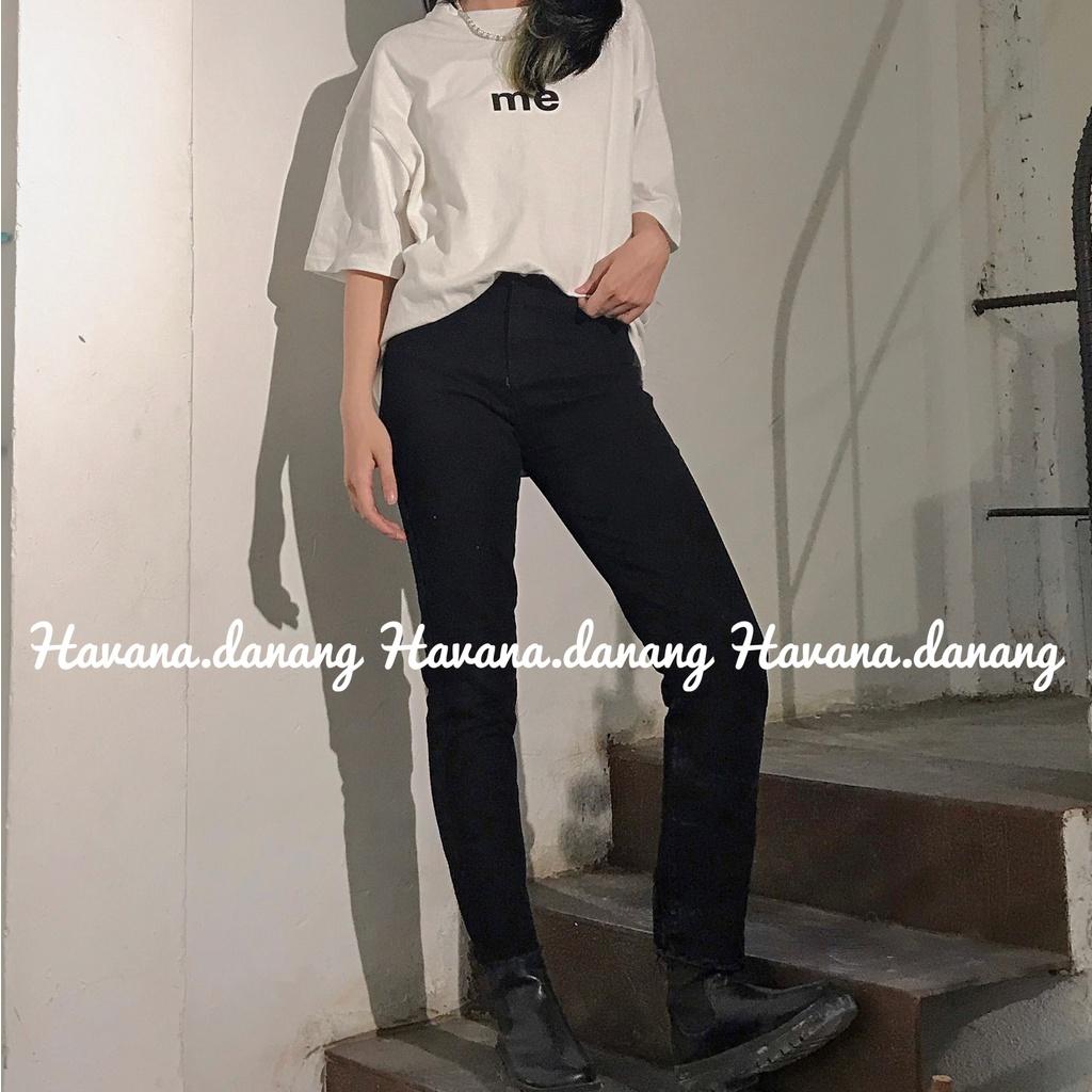 Quần jeans đen ống đứng suông dài, jeans lưng cao co giãn