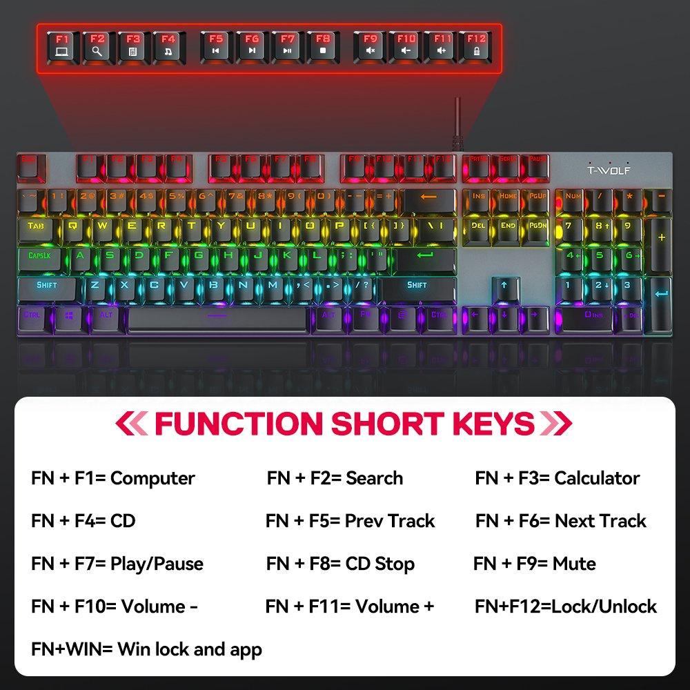 KEYBOARD T-Wolf T17 Phím cơ (Phím cơ, 104 key, Blue Switch, 12 chế độ Led)- BẢO HÀNH 12 THÁNG