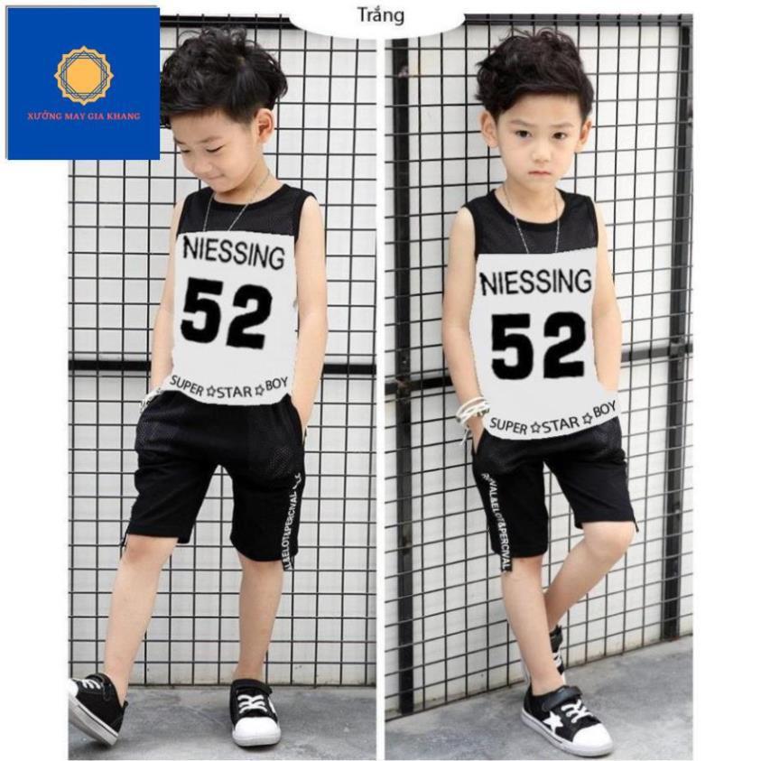 Đồ bộ quần áo thun bé trai sát nách, phối lưới in số 52 - Xưởng may - Gia Khang