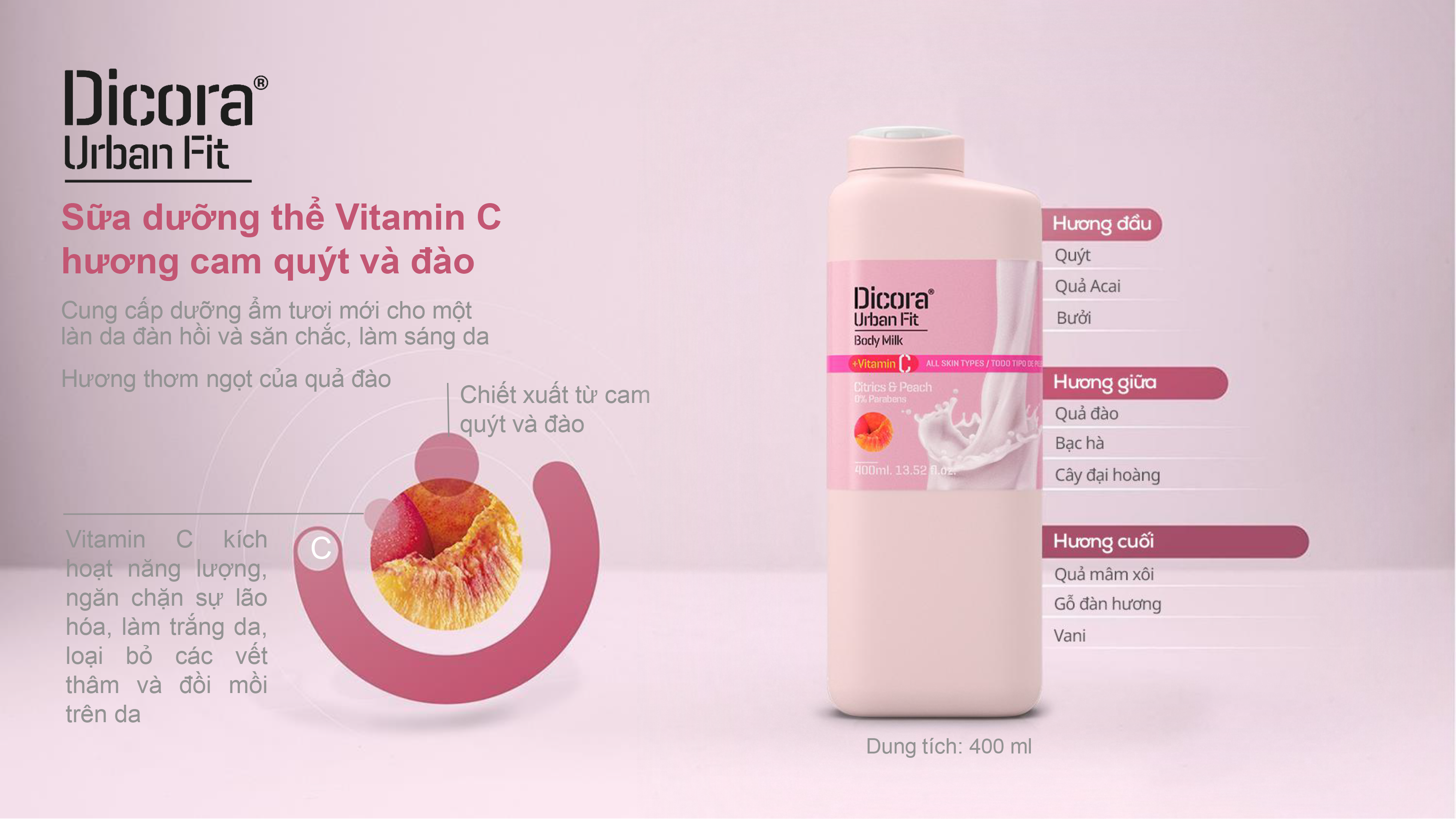 Sữa dưỡng thể Dicora Urban Fit Citrics &amp; Peach Vitamin C Hương Cam Quýt và Đào 400ml