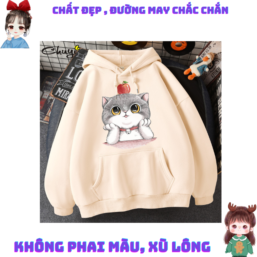 Áo Nỉ Nữ Form Rộng LM02, Áo Nỉ Có Mũ In Mèo Táo Dễ Thương, Vải Nỉ Bông - TRẮNG