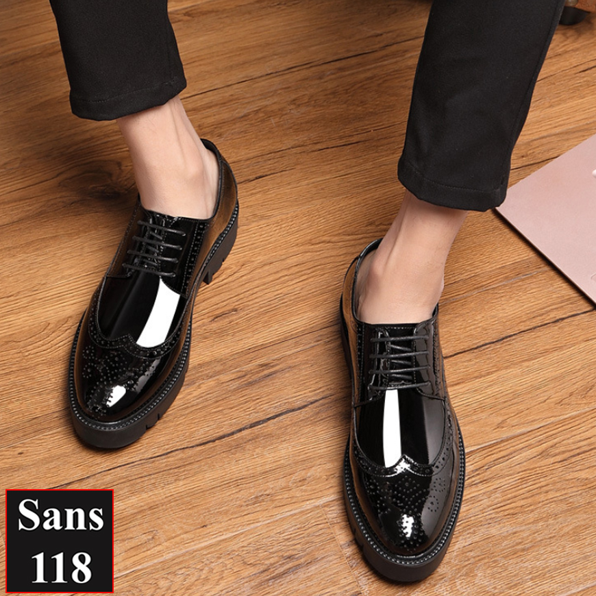 Giày tây nam tăng chiều cao 10cm Sans118 giầy da bóng đế độn nâng gót chú rể mặc vest âu công sở cao cấp size nhỏ bé 37