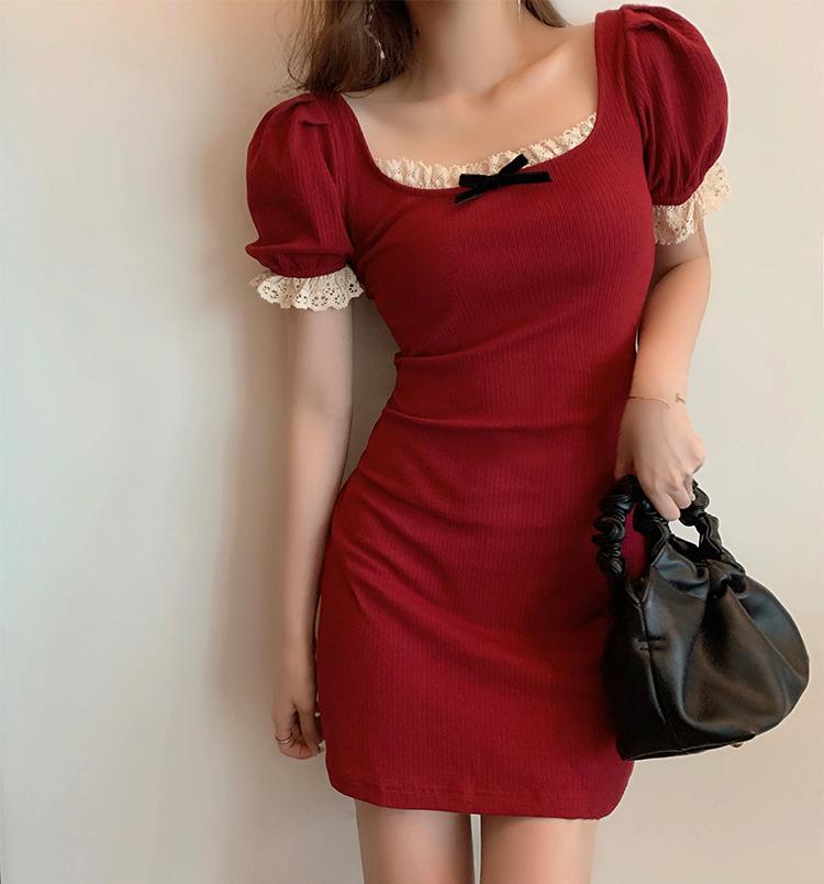 Váy Đầm Ôm Body Quyến Rũ Tay Phồng Phối Nơ Xinh