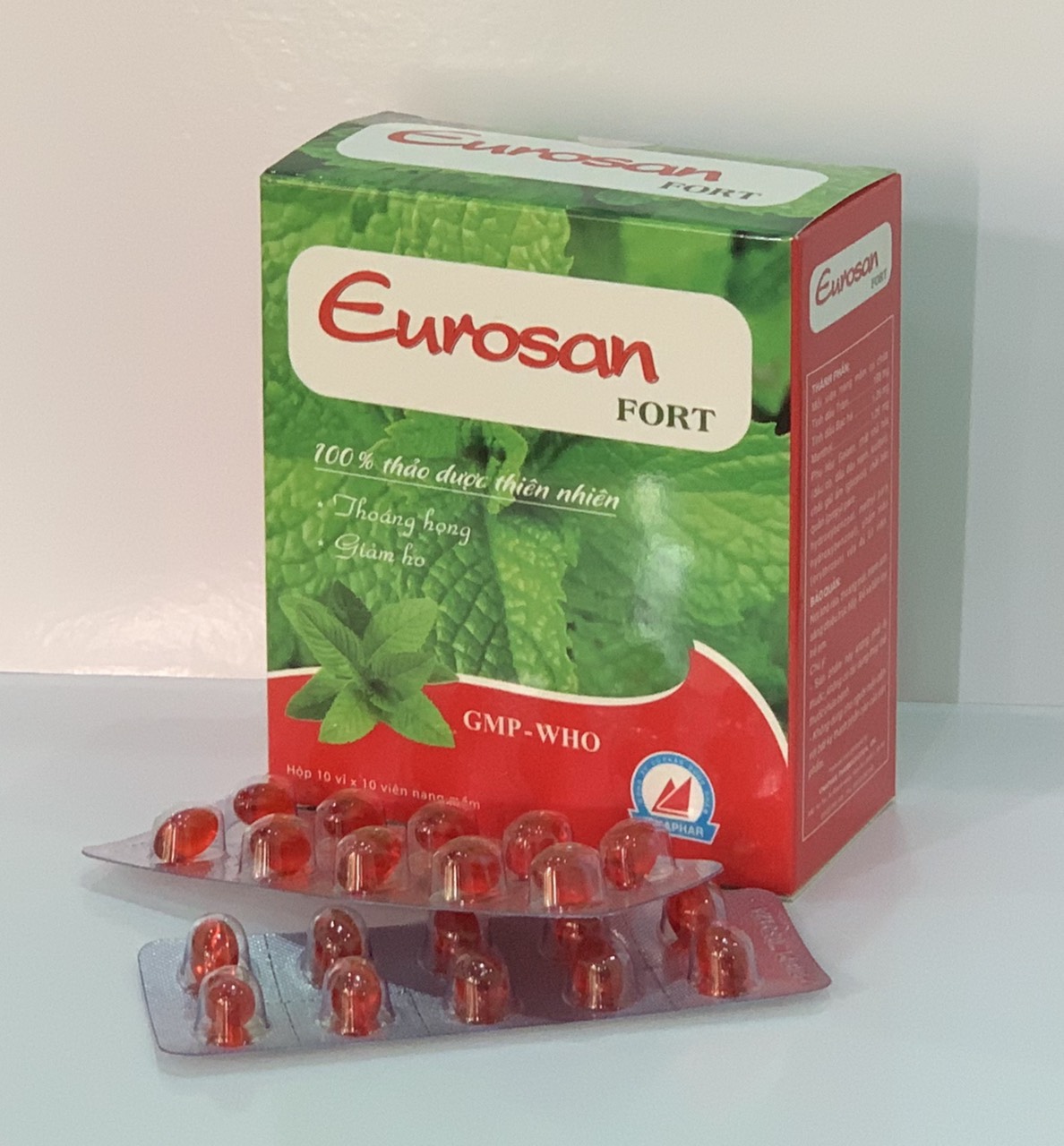 Viên Ho Dầu EUROSAN FORT Vinaphar -Hộp 100 viên- Giảm Ho, Giảm Đau Rát Họng, Thông Thoáng Mũi Họng