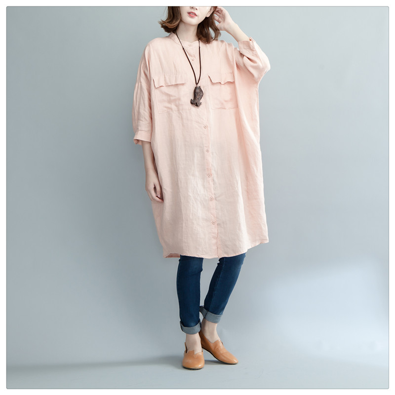 Đầm suông sơ mi cổ trụ 2 túi hộp, thời trang phong cách Hàn