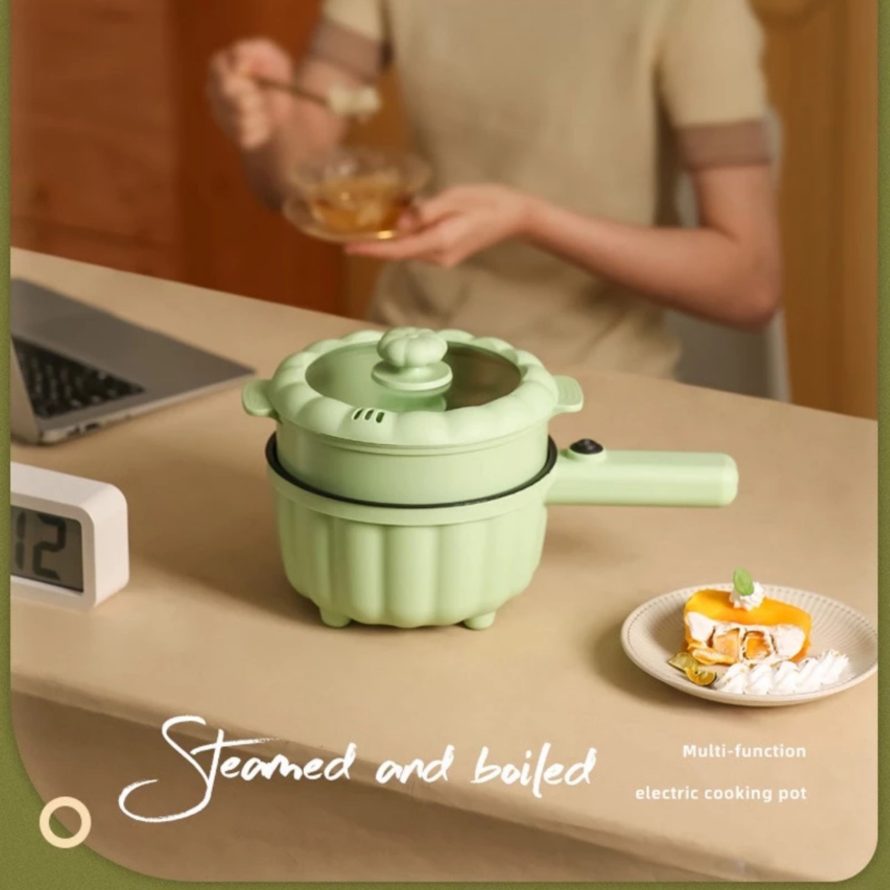 Nồi Điện Mini 2 Đa Chức Năng Kèm Lồng Hấp, Ca Mỳ Tay Cầm Nồi Bí Ngô 2 Tầng Nấu Cơm, Chiên, Xào, Rán Tiện Lợi - Hàng Chính Hãng MINIIN