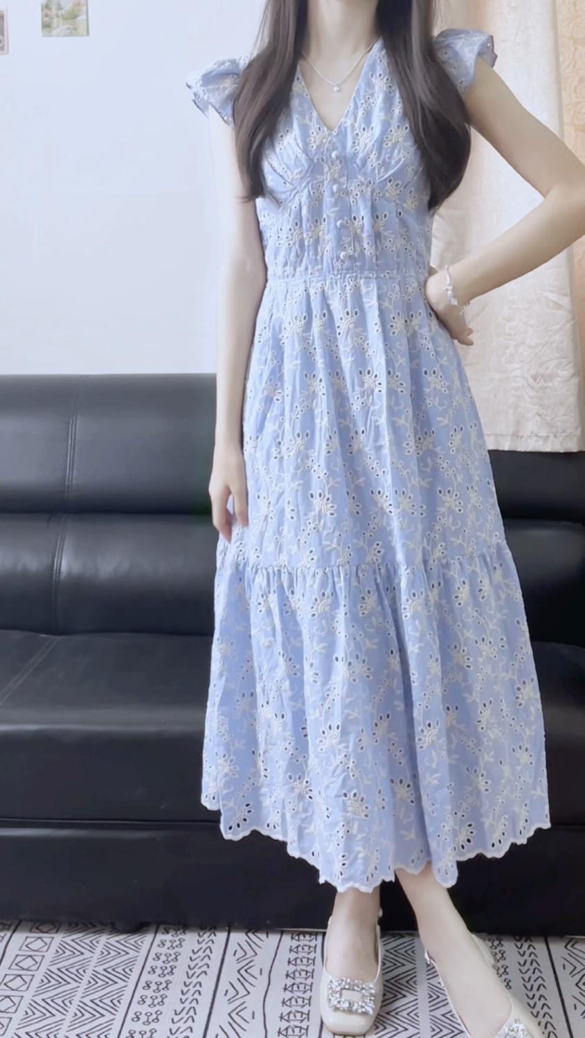 SHUANGYAN Phong cách Pháp ngọt ngào khí chất màu xanh cam cuống váy nữ sinh mùa hè thu eo lộ vẻ gầy trung dài mảnh hoa váy