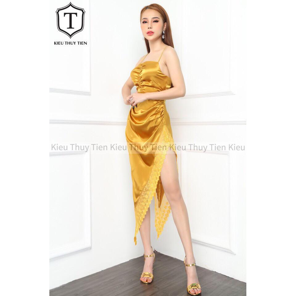 Đầm 2 dây phi lụa xẻ tà phối ren cực sexxy