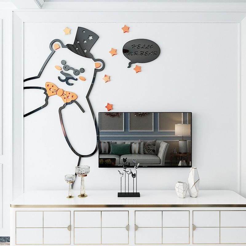 Tranh dán tường mica 3d decor khổ lớn gấu lớn lịch lãm trang trí mầm non, mẫu giáo, phòng cho bé