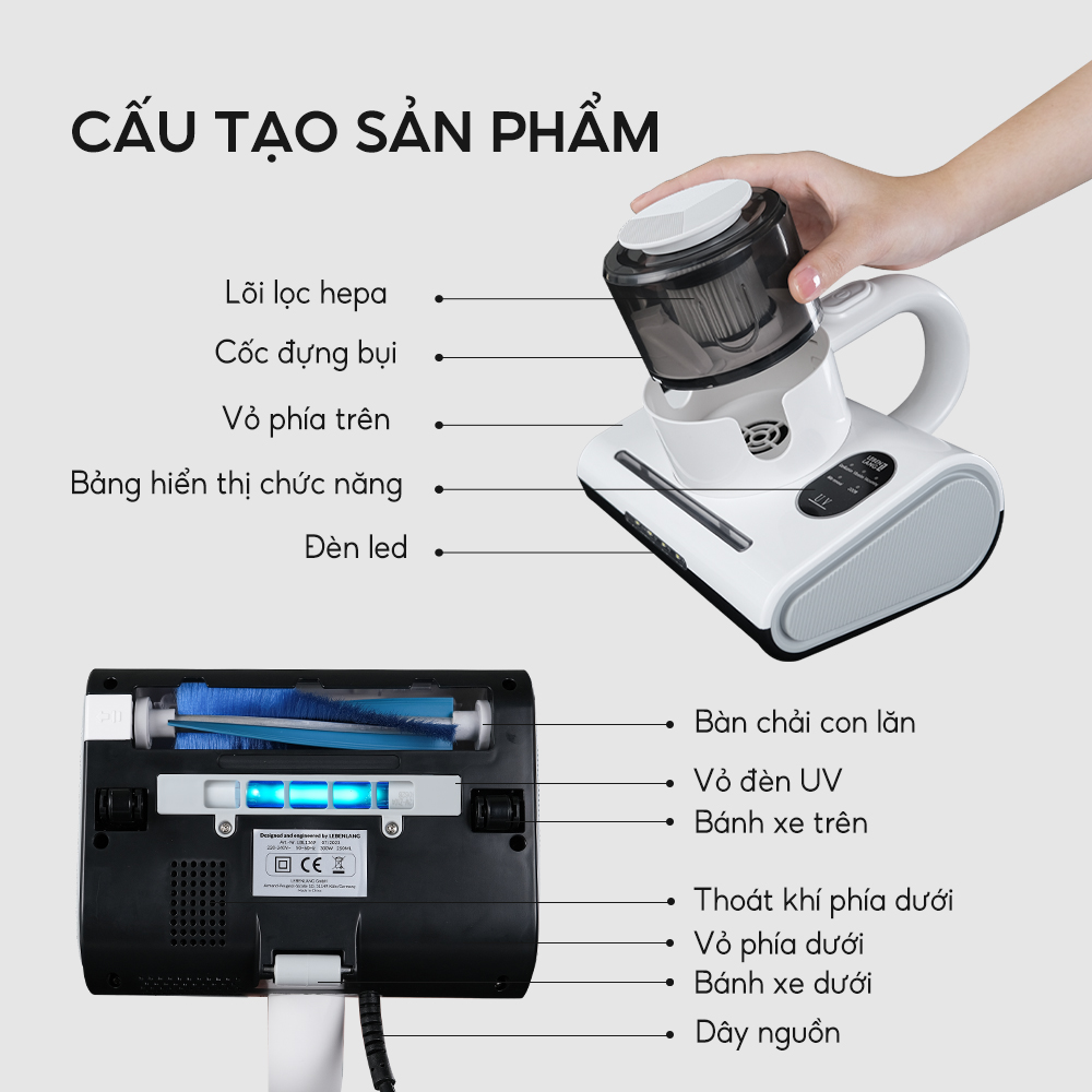 Máy hút bụi giường nệm cầm tay Lebenlang LBL1369, công suất 300W, dung tích 250ml, diệt khuẩn bằng tia UV - hàng chính hãng