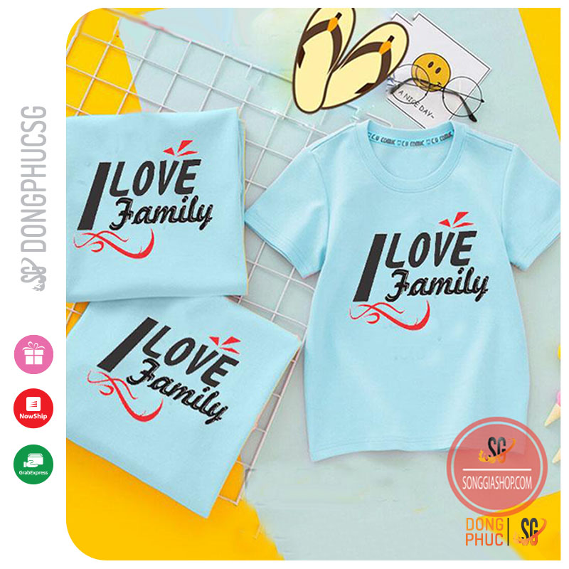 Áo gia đình 3/4/5 người Đồng phục gia đình I Love Family Áo đôi mẹ và bé Màu thiên thanh GD306TT