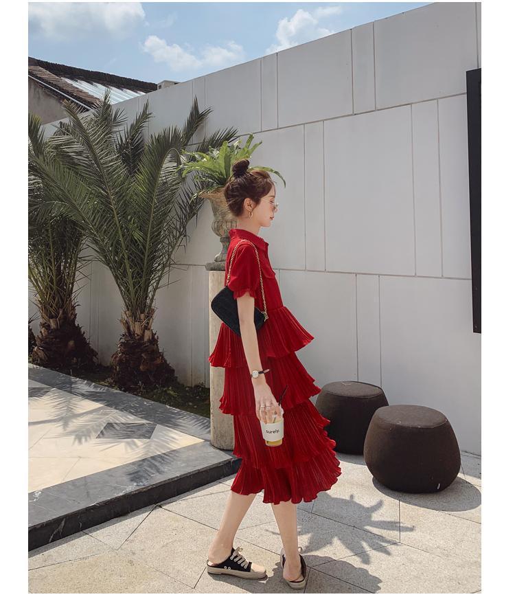 SHUANGYAN Blue Sea Yueno Fairy Mori Dress Platterone váy mối tình đầu màu đỏ 2023 mùa hè khí chất bánh váy chiffon đầm