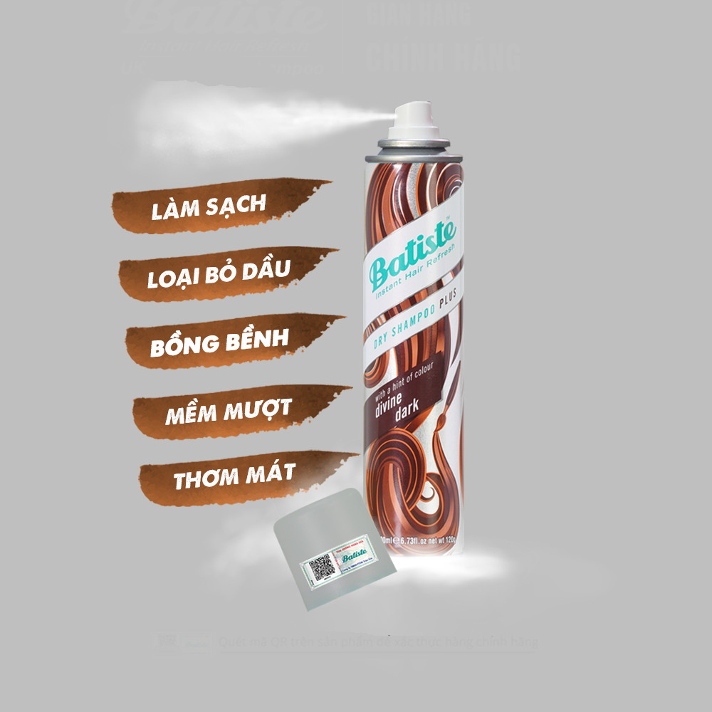 Dầu Gội Khô Batiste Cho Nam Và Nữ Tóc Đen - Batiste Dry Shampoo Plus With A Hint Of Colour Divine Dark 200ml