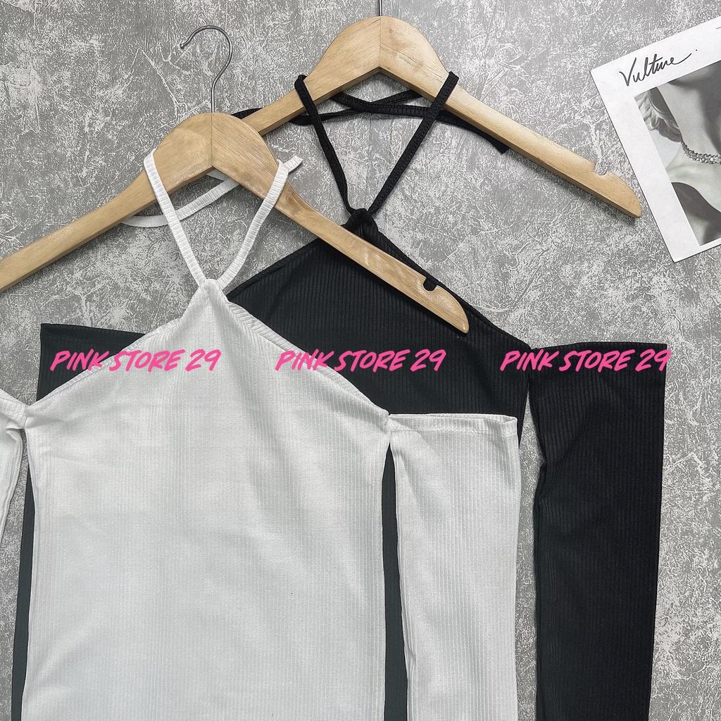 Đầm Body Trễ Vai Tay Dài PINKSTORE29 Phối Cổ Yếm, Tôn Dáng Gợi Cảm D053