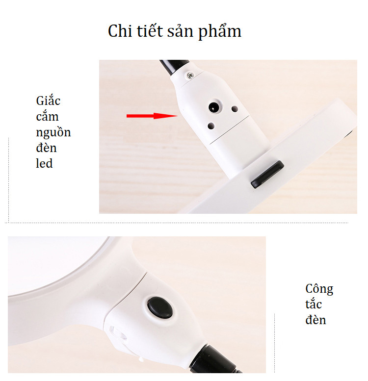 Kính lúp 10x để bàn tích hợp kẹp bàn đa năng có 6 hạt đèn led chiếu sáng M764