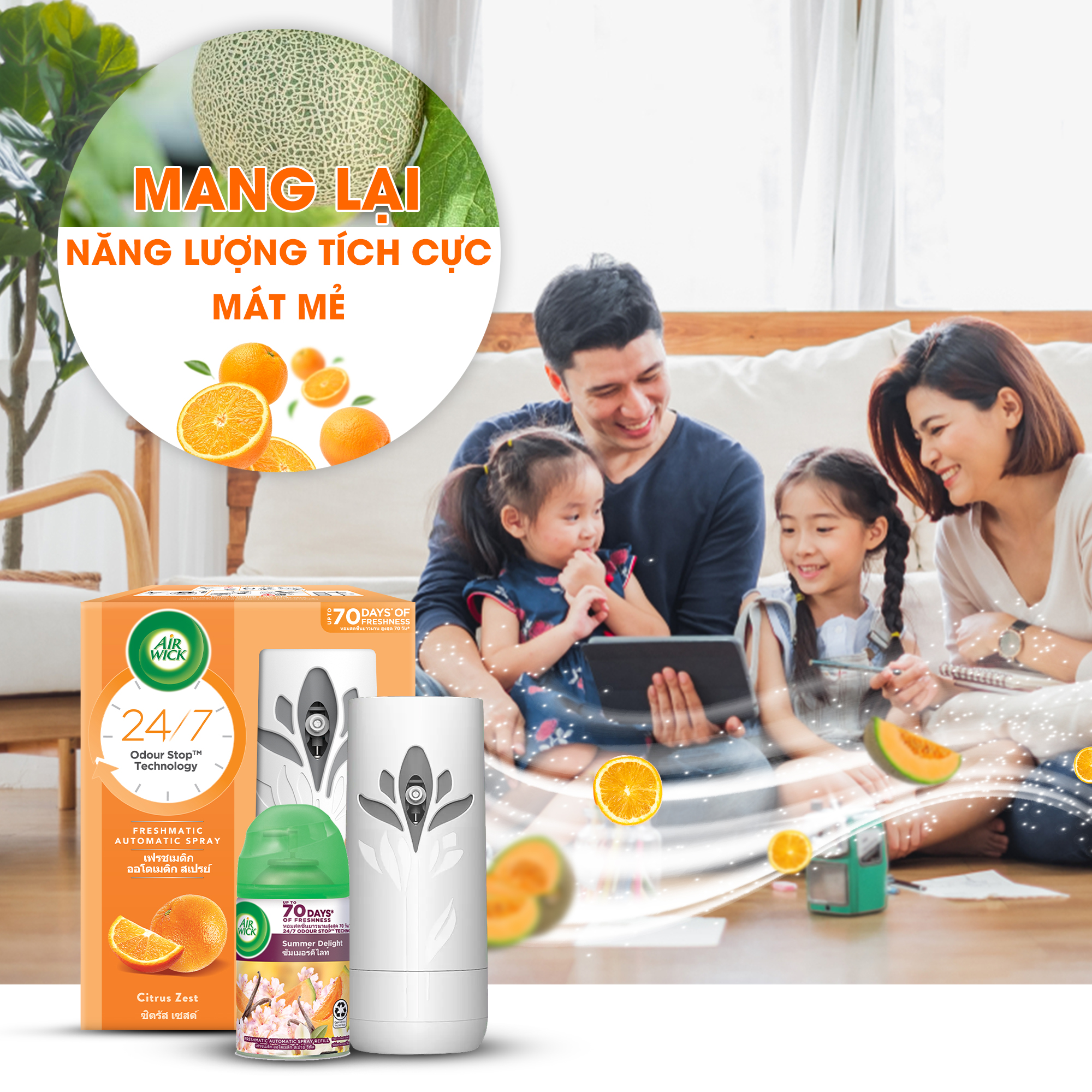 Bộ máy xịt phòng tự động Air Wick Cam quýt + Lõi dưa lưới, điểm hương ngọt ngào và thanh mát cho không gian sống