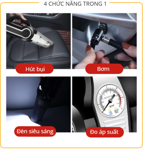 Máy Hút Bụi Bơm Hơi Ô Tô 4 Trong 1 : bơm lốp + hút bụi + đèn chiếu sáng + đồng hồ đo áp suất lốp