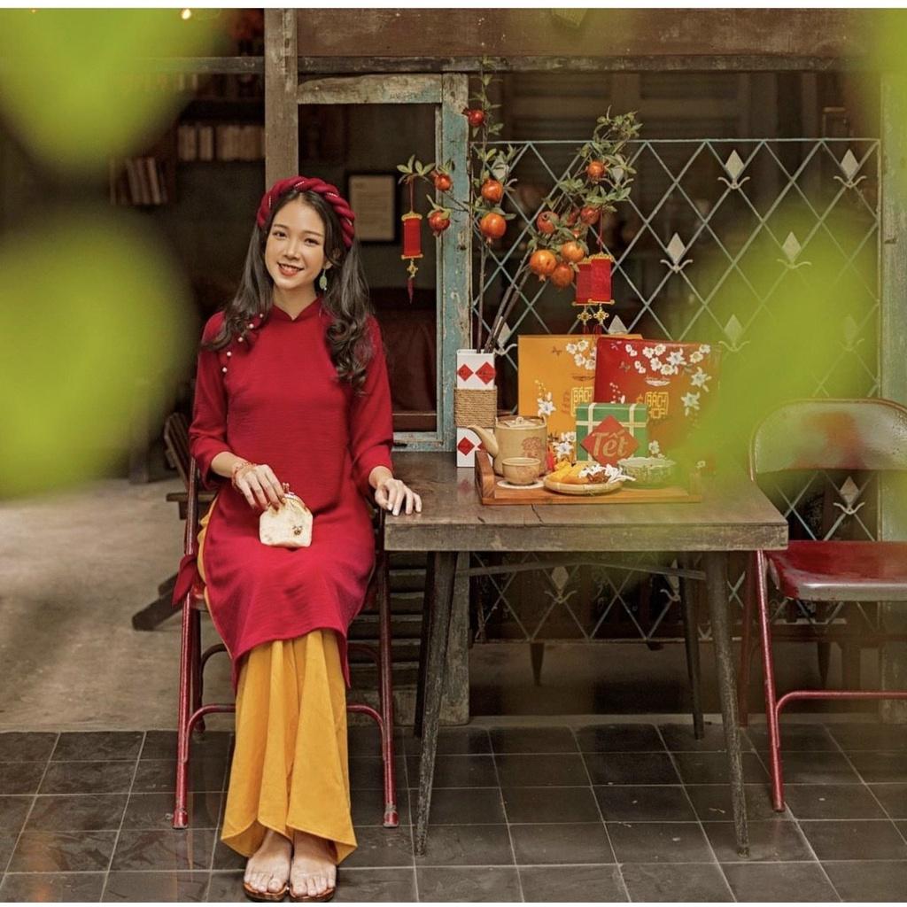 Set áo dài đỏ tay lỡ quần suông đi chùa chúc tết