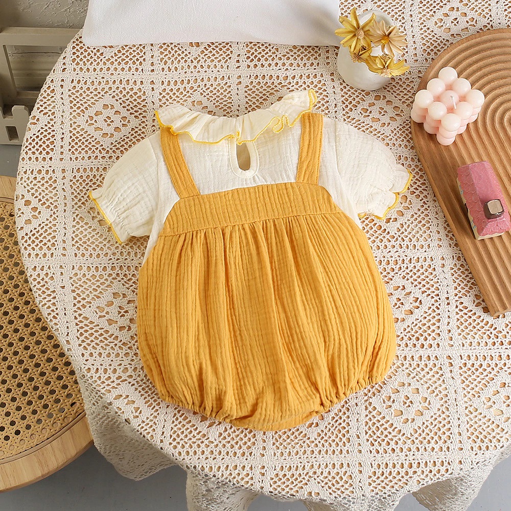 ĐẦM BODY TAY NGẮN CỔ TRÒN GIẢ YẾM THỎ 3D VÀNG CHO BÉ GÁI SƠ SINH 1 2 TUỔI TỪ 5-13KG DÀNH CHO BÉ GÁI