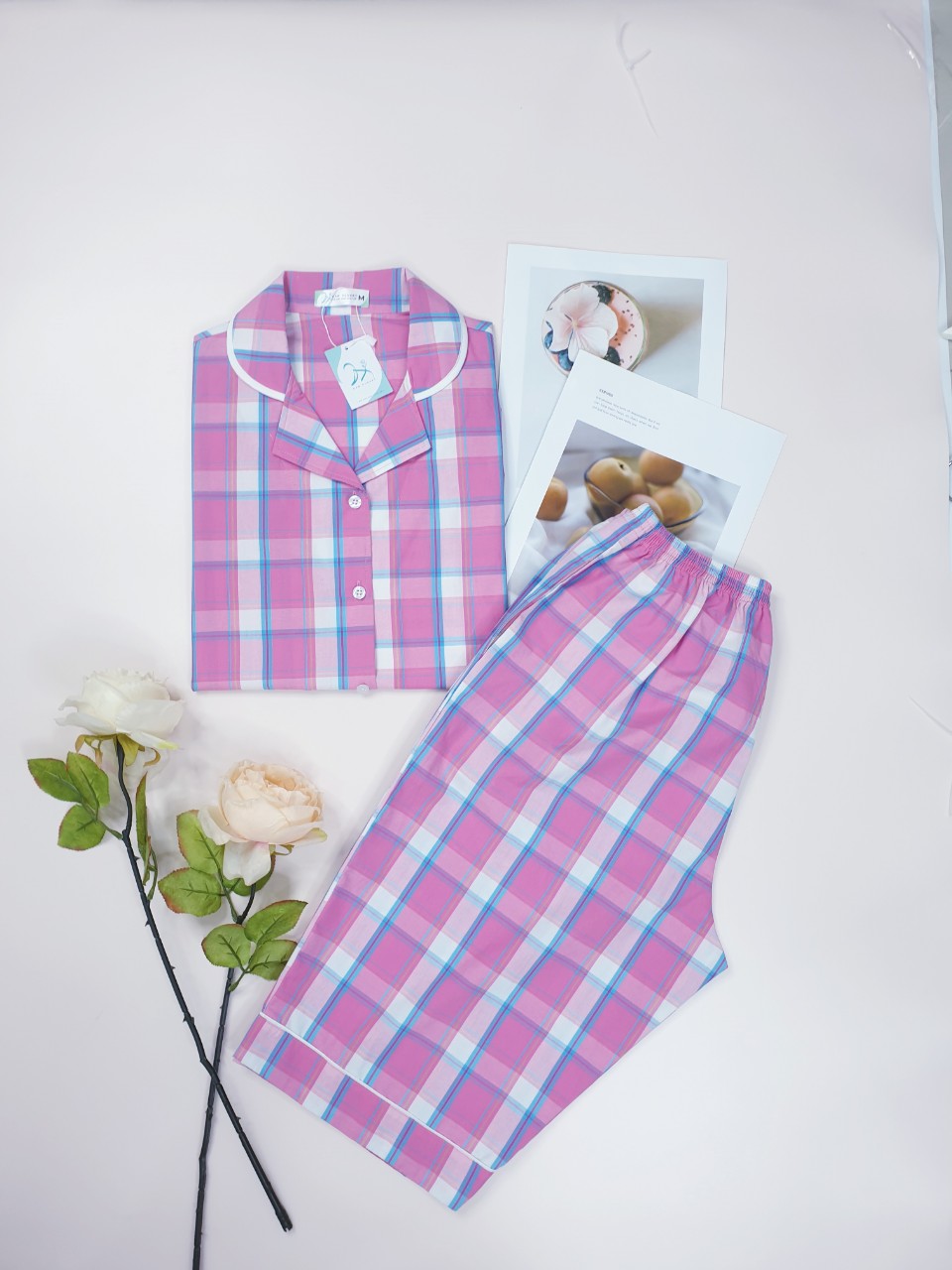 Đồ bộ nữ Pyjama Kate Lửng Caro Pink Chất Liệu Kate Cotton  cao cấp mặc nhà tay ngắn HAN CLOSET