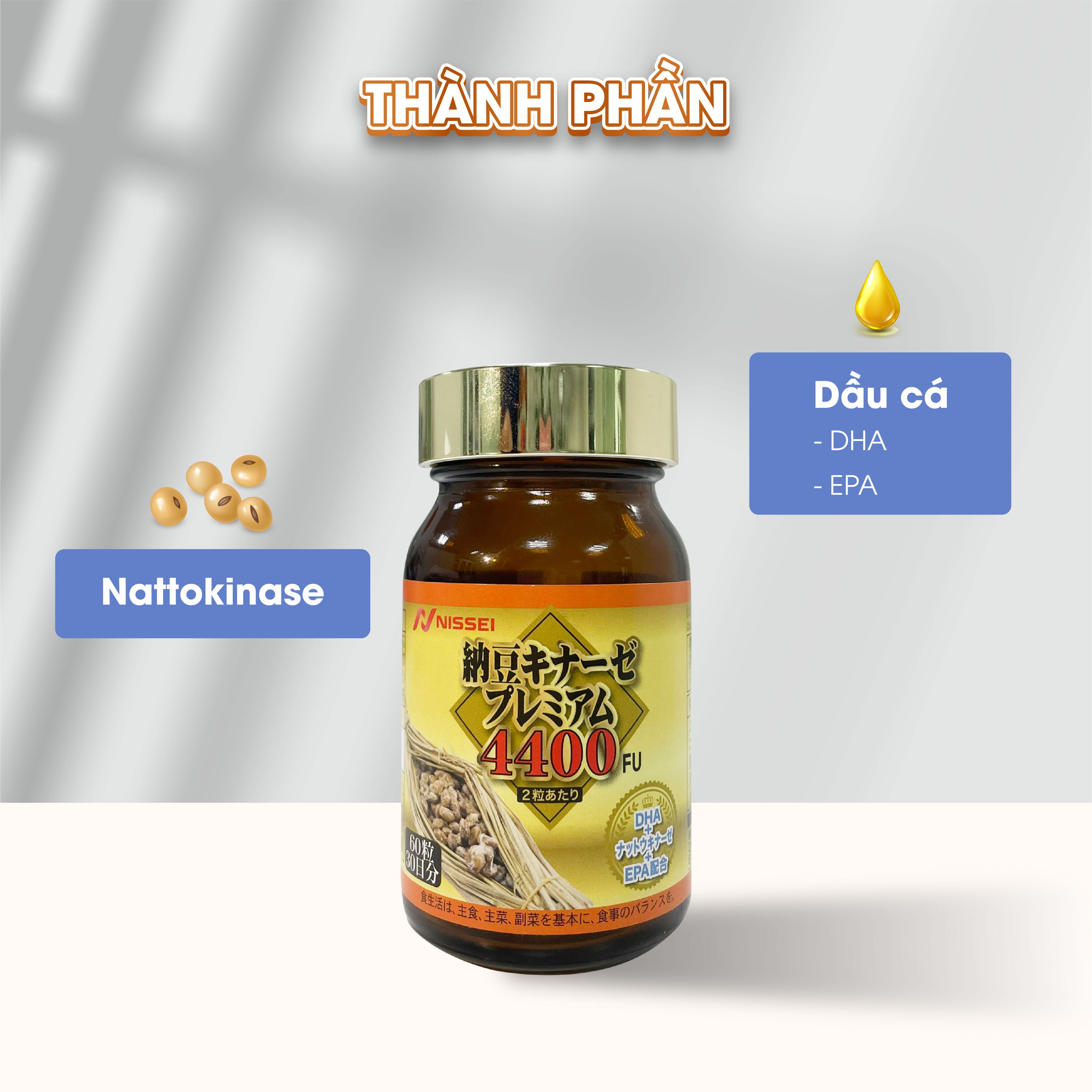 Viên phòng ngừa đột quỵ và tai biến Nattokinase 4400FU. Lọ 60 Viên. Chính hãng Nhật Bản. Tăng cường tuần hoàn máu não