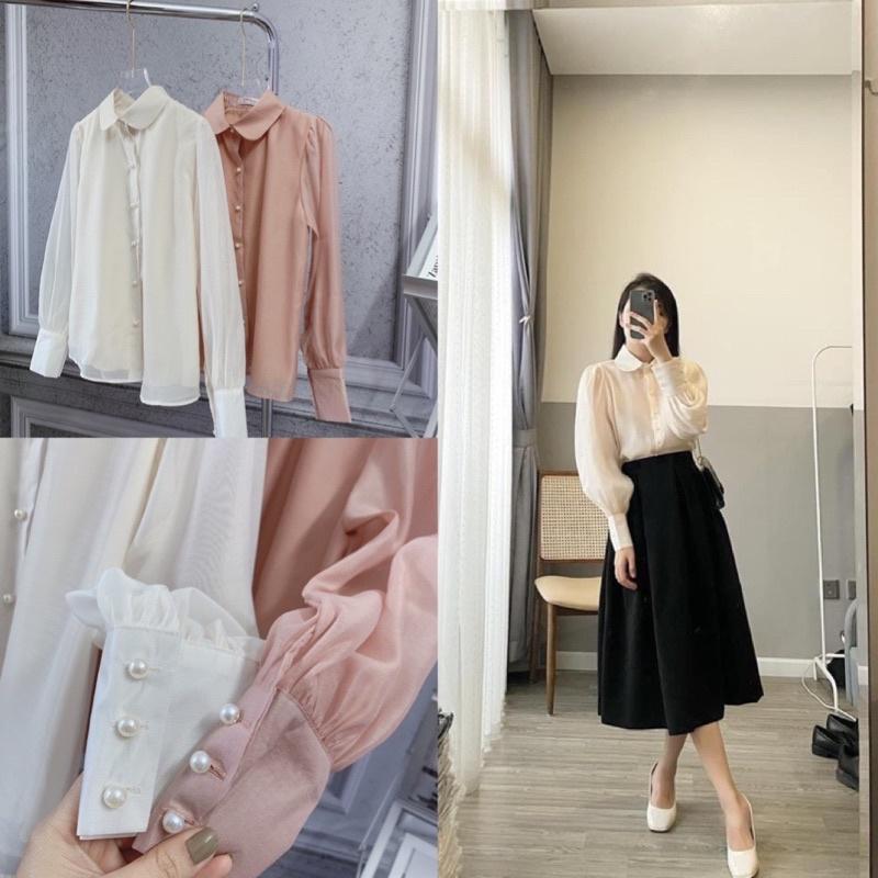 Sơ mi dài tay cổ sen nút ngọc