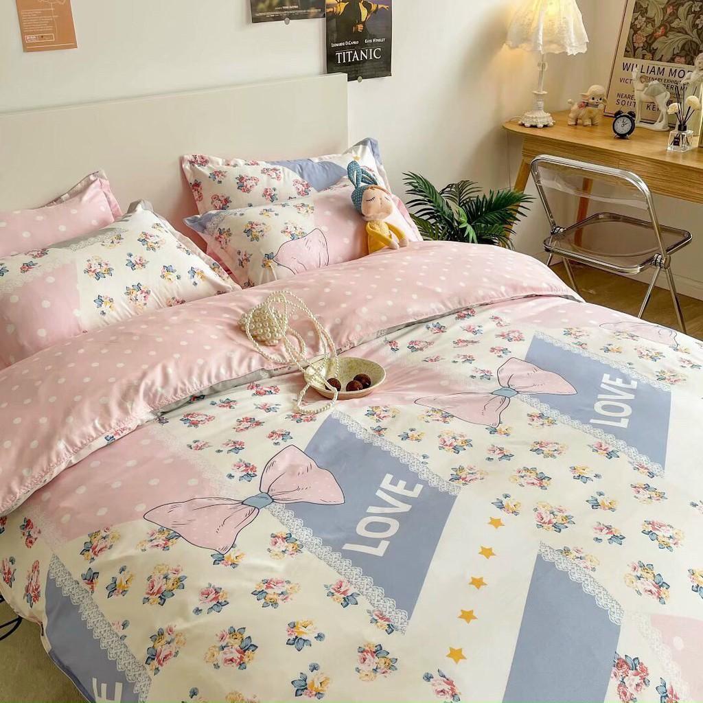 Bộ chăn ga gối Cotton Poly M2T bedding Cánh hồng, vỏ chăn mền, drap giường và 2 vỏ gối