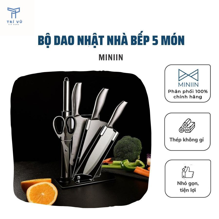 Bộ Dao Nhật 5 Món, Đầy Đủ Loại Dao Cho Nhà Bếp Nhà Hàng Kèm Giá Đựng- Chất Thép Nguyên Khối Không Gỉ- Hàng Chính Hãng MINIIN