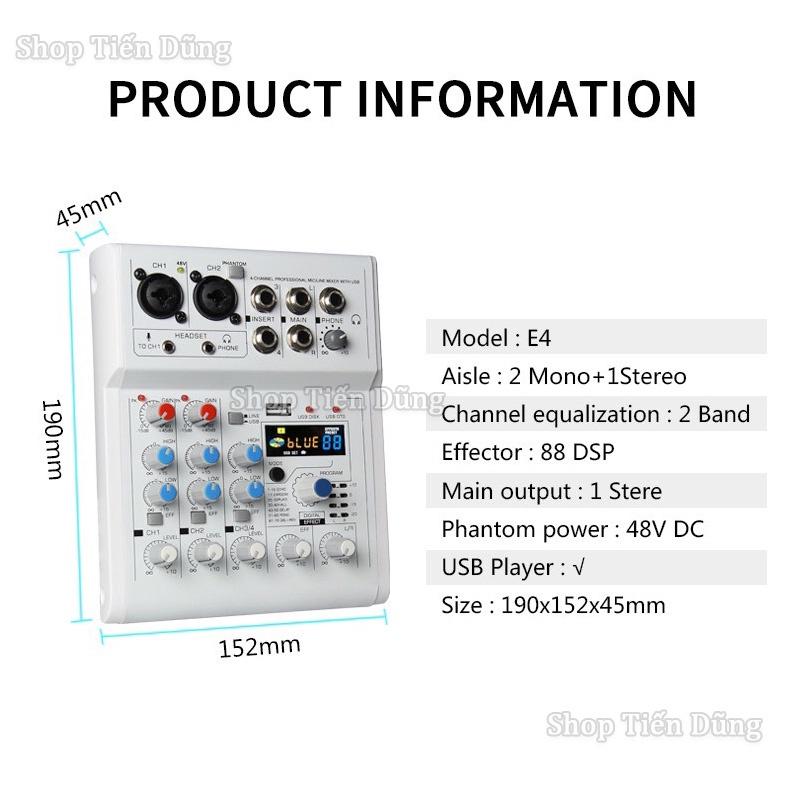 Bộ Trộn Âm Thanh Mixer E4 Có Bluetooth 4 kênh 88 88 hiệu ứng DSP Hỗ Trợ Nguồn 48v có thể Livestream, karaoke , ghi âm