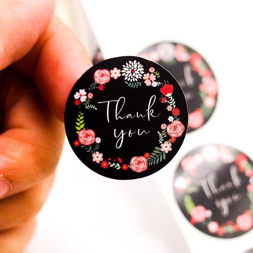 Sticker Thank You Floral nền đen - Cuộn băng keo tape cám ơn 500cái x 2.5cm