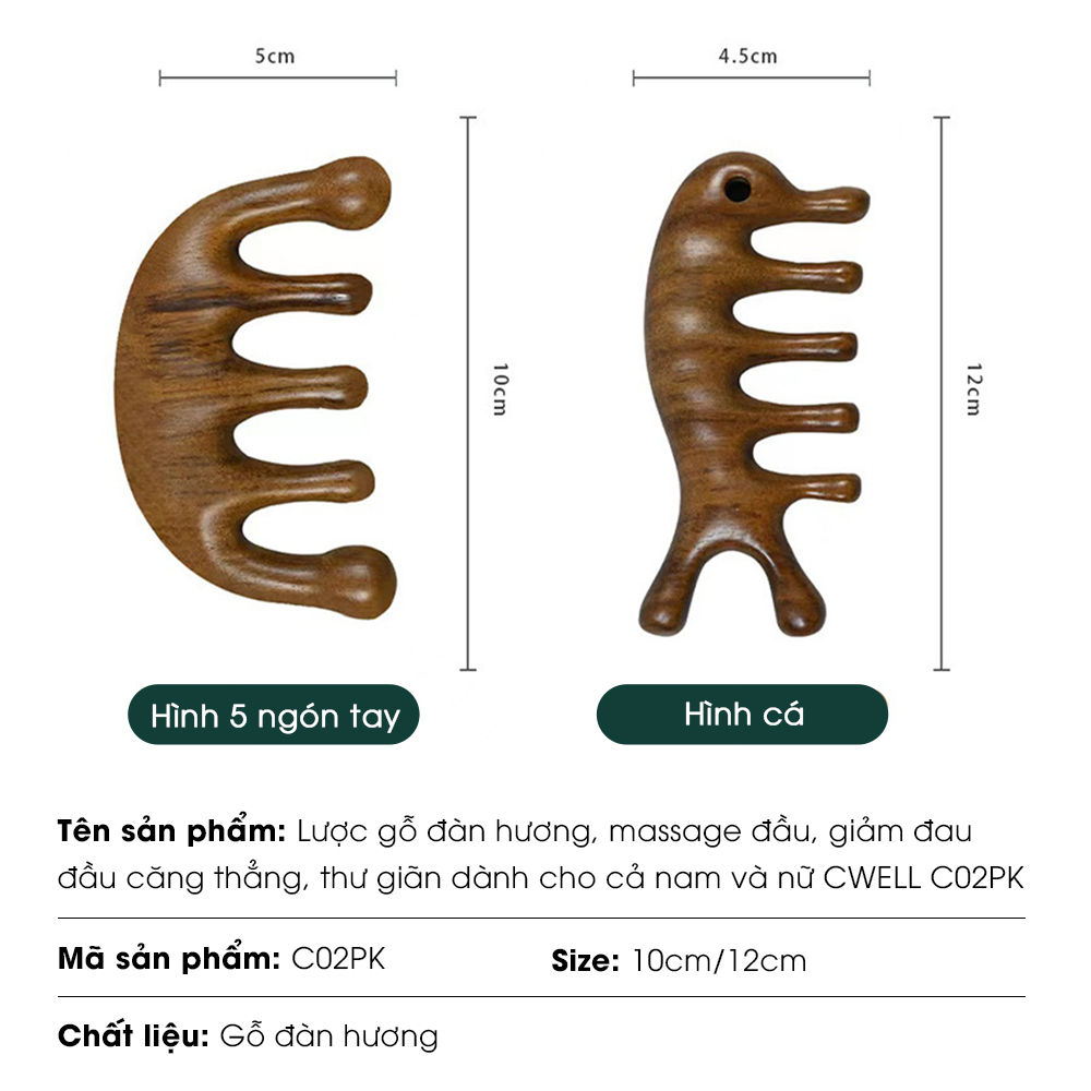 Lược gỗ đàn hương, lược massage đầu, giảm đau đầu căng thẳng, thư giãn dành cho cả nam và nữ CWELL C02PK