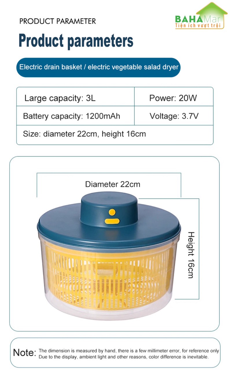 RỔ MÁY QUAY VẮT KHÔ RAU CỦ QUẢ BẰNG ĐIỆN &quot;BAHAMAR&quot; ấn phím quay và thoát nước trong 10 giây, thiết kế hai lớp, thoát nước nhanh