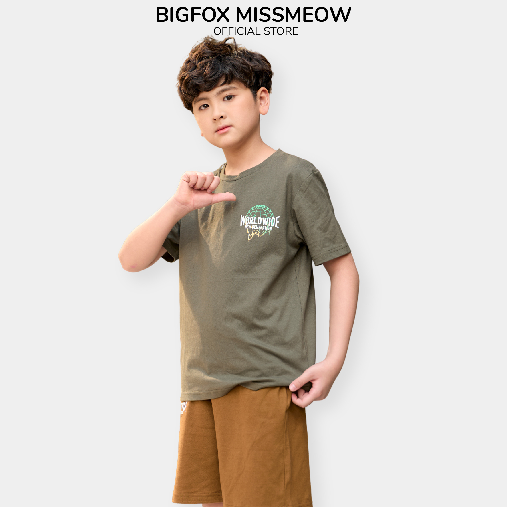 Đồ bộ cho bé trai size đại Bigfox Miss Meow mùa hè kiểu dáng Hàn Quốc vải cotton in World Wide cỡ 12-15 tuổi 40kg - 50kg