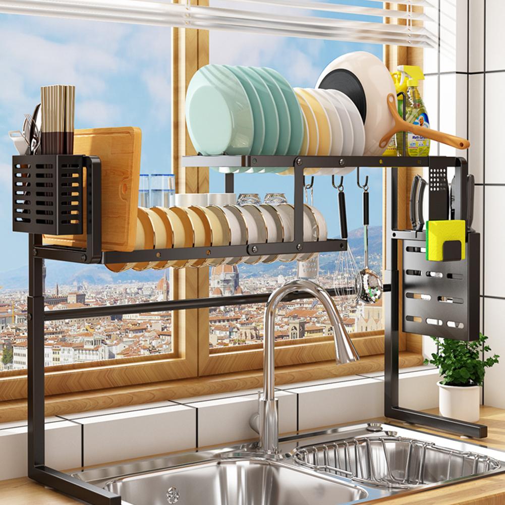 Stagger Over the Sink Dish Drying Rack Length Height Adjustable for Bowl Sink Thickened Carbon Steel Dish Drainer