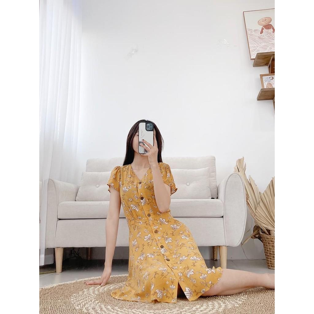 LIIN - Đầm nữ lanh lụa vàng hoa