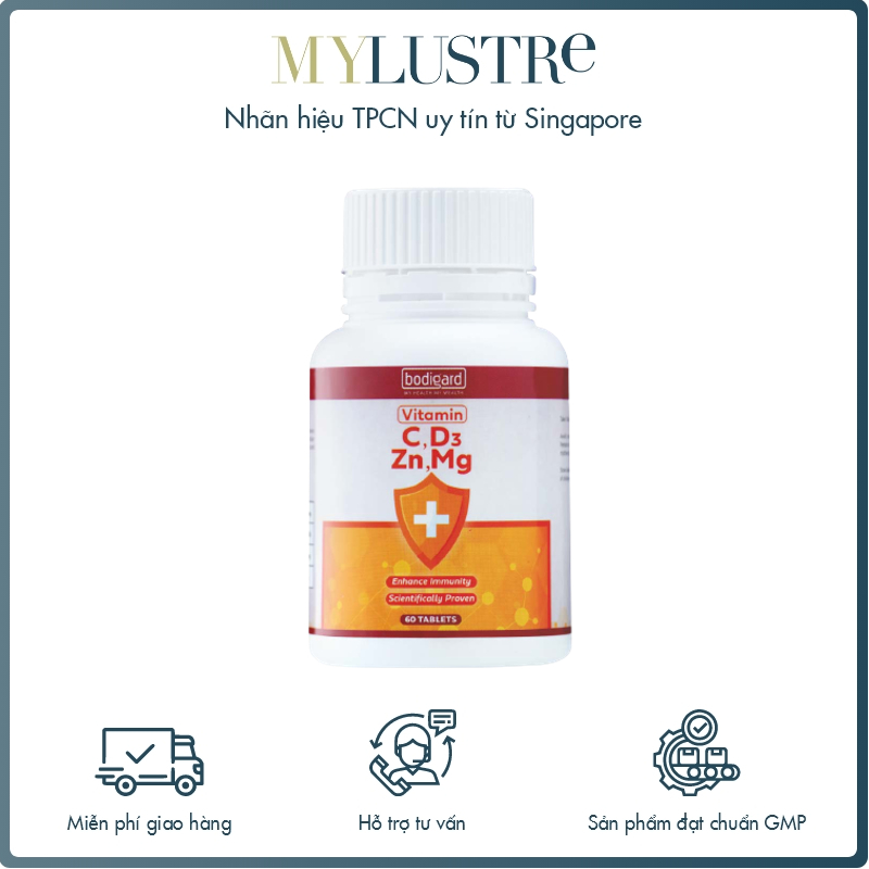 Viên uống tổng hợp bổ sung Vitamin C, D3, Kẽm và Magie giúp chắc khỏe xương, giảm stress, bồi bổ sức khỏe và tăng sức đề kháng Bodigard Vit C, D3, Zn & Mg