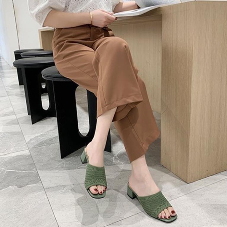 Hàng cao cấp (4 Màu) Dép Sandal Gót Vừa Mũi Vuông Phối Lưới Thời Trang Hàn Quốc Cho Nữ