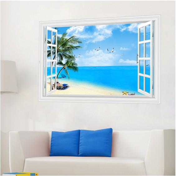 Decal trang trí khung cửa sổ 3D cảnh biển xanh - Dừa lớn và đàn Cò trắng