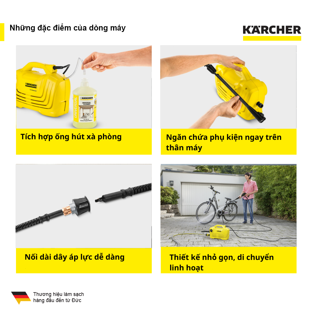 Máy xịt rửa xe 1400W KARCHER K2 CLASSIC 9M Plus, máy rửa xe cao áp 110Bar kèm dây xịt 9m và phụ kiện - Karcher chính hãng