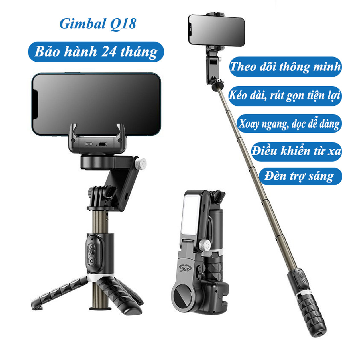 Gimbal chống rung điện thoại Q18, Gimbal điện thoại theo dõi chuyển động, Điều khiển từ xa, Gymbal chống rung - Hàng chính hãng