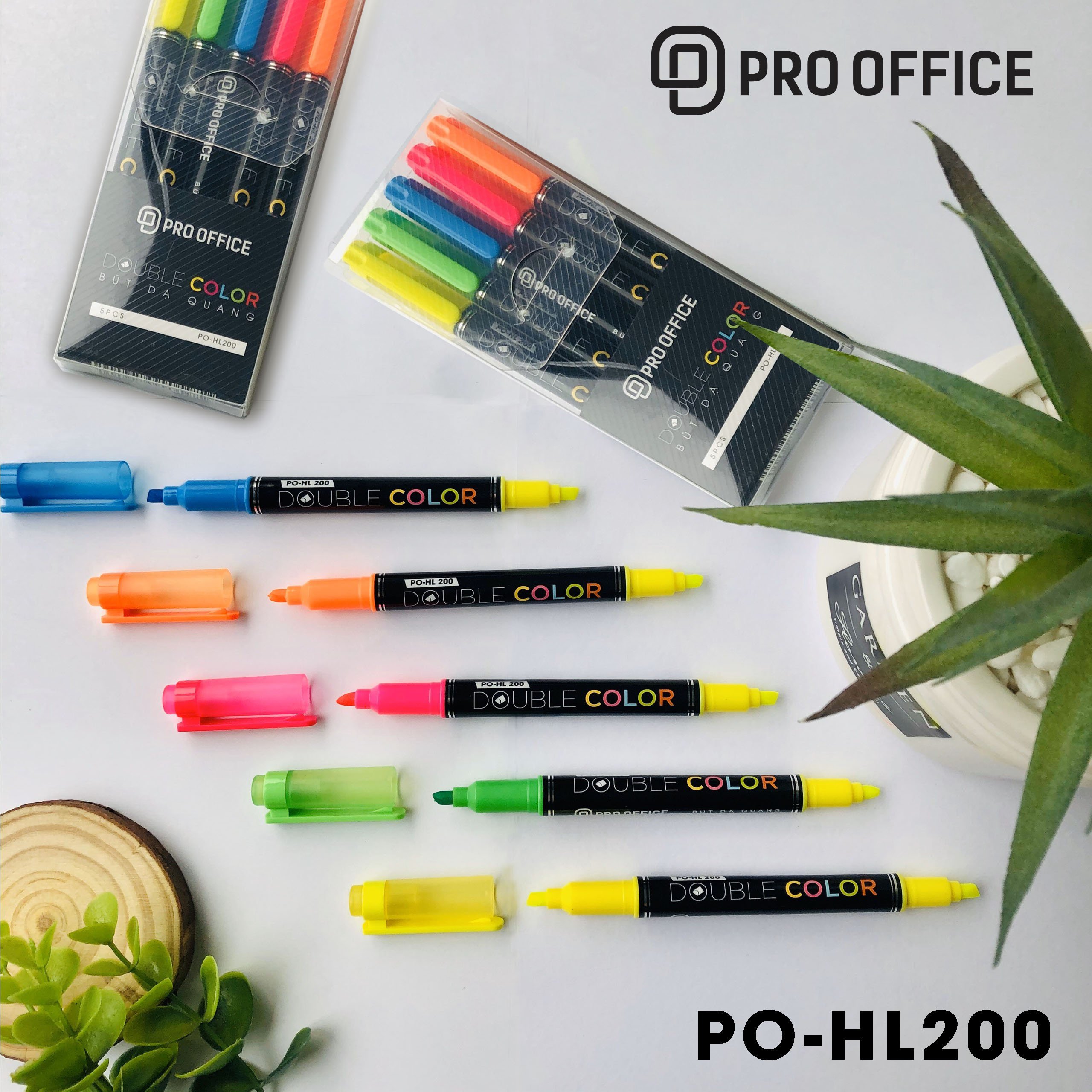 Bút highlight PRO-OFFICE 2 đầu - 1 bộ 5 màu - PO-HL200