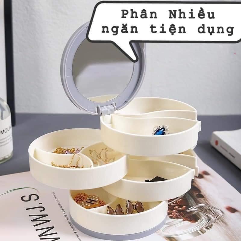 Hộp tròn đựng đồ trang sức mỹ phẩm xoay 4 tầng có gương